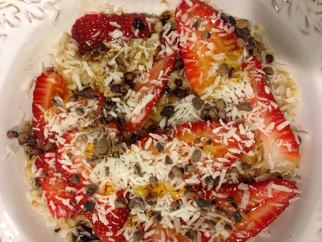 Strawberry, Cocoa Nib, Shredded Coconut, and Maple Syrup Oatmeal