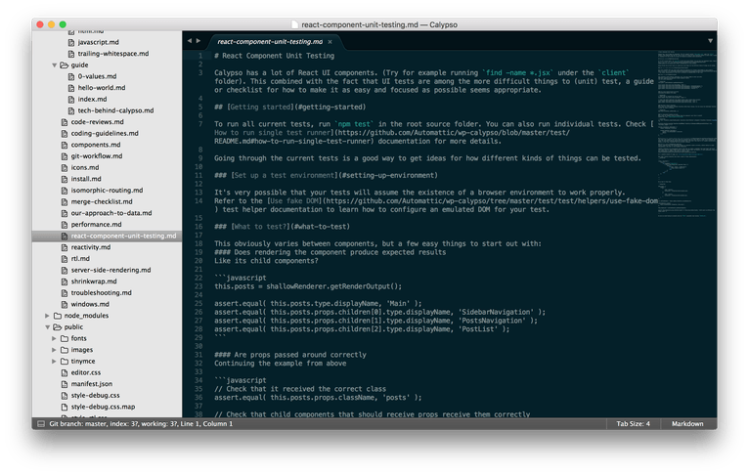 The Sublime code editor showing a Markdown file from the Calypso source code repository.